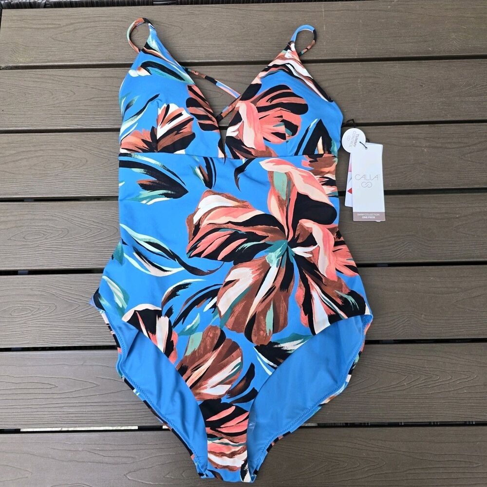 CALIA Women Swim Triangle Tranquil Blue Floral Strappy Back One Piece Sz 16 New